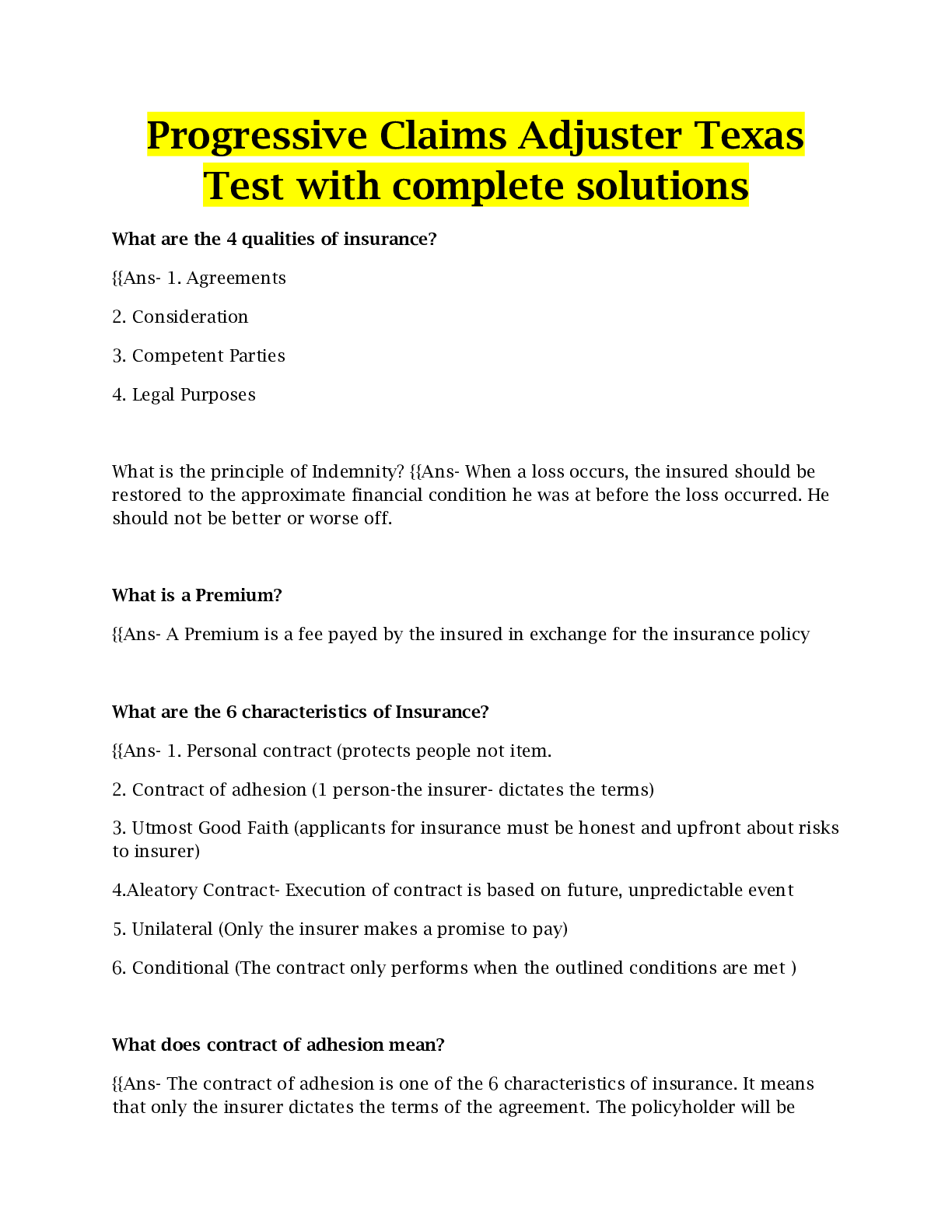 Preview image of Progressive Claims Adjuster Texas Test with complete solutions document